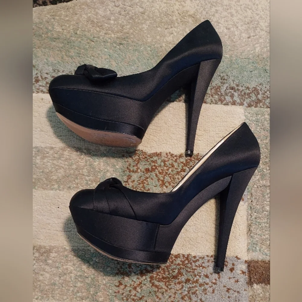 CASADEI Black Satin Platform High Heels With Bow Detailing Sz-10.5